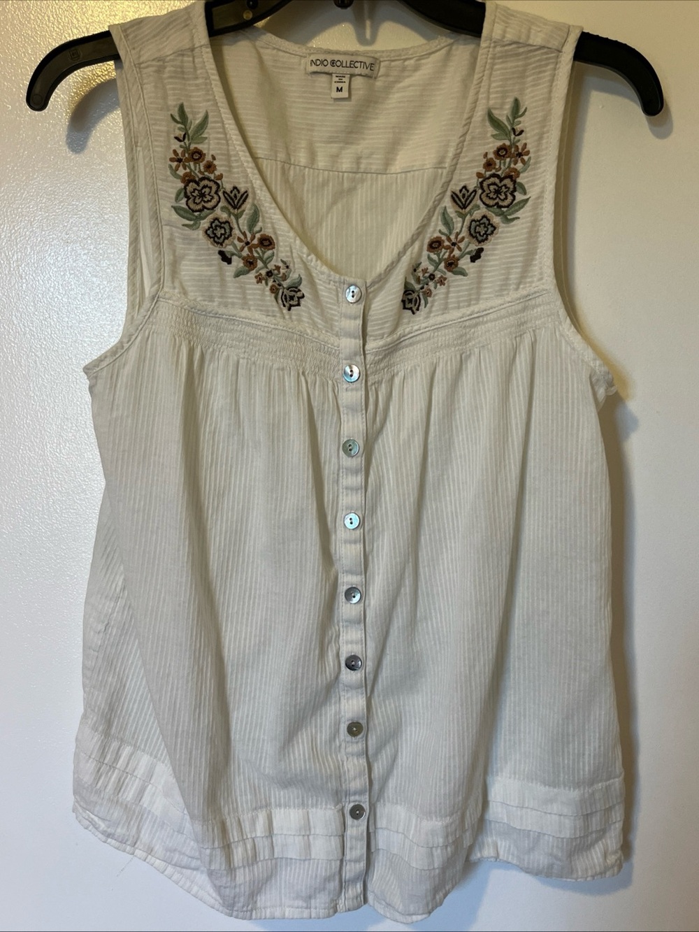Cream Embroidered Button-Front Tank 100% Cotton